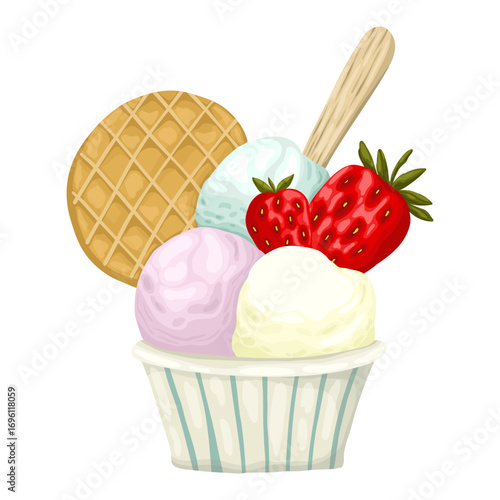 A delightful hand-drawn vector illustration of an ice cream sundae. This colorful dessert features scoops of various flavors, fresh strawberries, a crisp waffle, and a wooden spoon in a striped cup