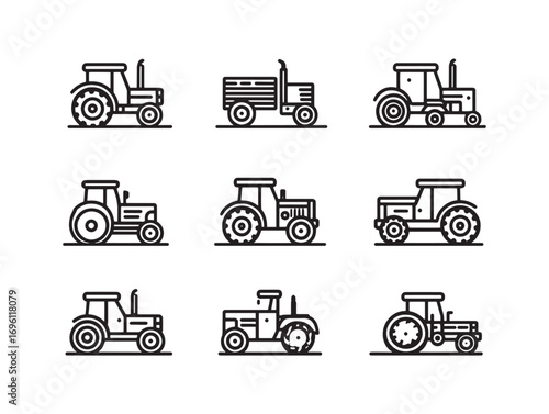 Tractor Icon Set For Agricultural Machines