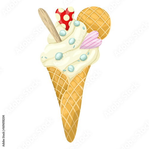 A delightful hand-drawn vector illustration of an ice cream cone. This sweet treat features a creamy scoop, sprinkles, decorative heart candies, a waffle disc, and a wooden spoon