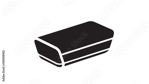A black rectangular eraser with rounded edges, isolated on a white background, representing a tool for correction.