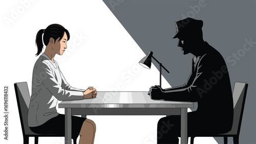 A young woman sits across a table from a silhouetted figure in a police uniform, illuminated by a desk lamp, suggesting an interrogation or interview.