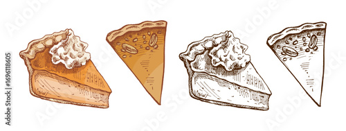 Hand drawn vintage sketch of pumpkin pie slices with whipped cream and plain crust in color and monochrome set illustration