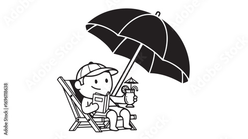 A cartoon illustration depicts a young person in a deck chair under a large umbrella, reading a book and holding a tropical drink.