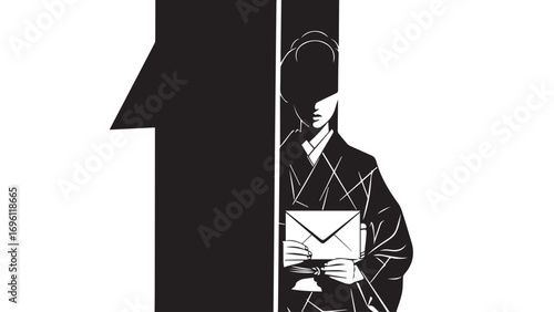 Stylized illustration of a woman in traditional Japanese attire holding an envelope, juxtaposed with a bold, abstract geometric shape.