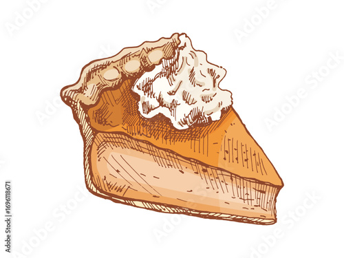 Hand drawn vintage sketch of pumpkin pie slice with whipped cream topping autumn thanksgiving sweet dessert illustration