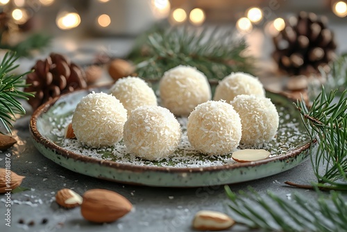 Wallpaper Mural Homemade coconut snowball truffles on rustic plate with pine branches, almonds and festive bokeh lights. Winter holiday sweet treats and desserts. Torontodigital.ca