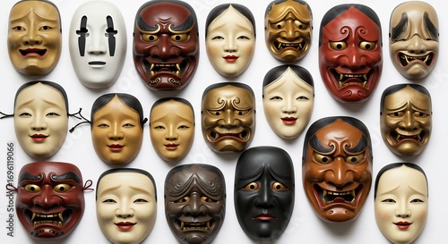 精緻な木彫り 能面コレクション 様々な表情 豊かな色彩 静謐な光. AI Generated