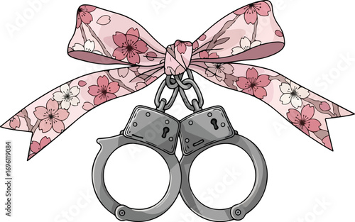 A pair of metallic handcuffs adorned with a decorative pink ribbon featuring a delicate cherry blossom floral pattern, tied in a bow above.