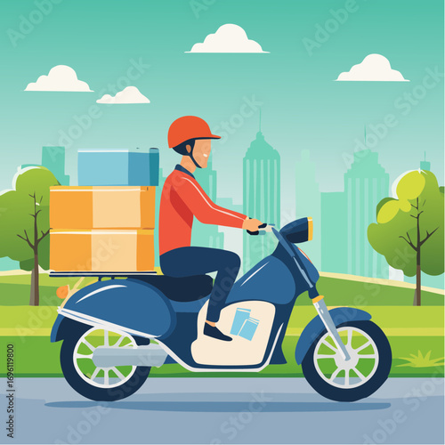 Courier delivery agent riding a motorbike with packages and couriers