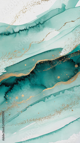 Abstract watercolor layers in mint green and light turquoise with golden splatter accents, fresh and elegant style