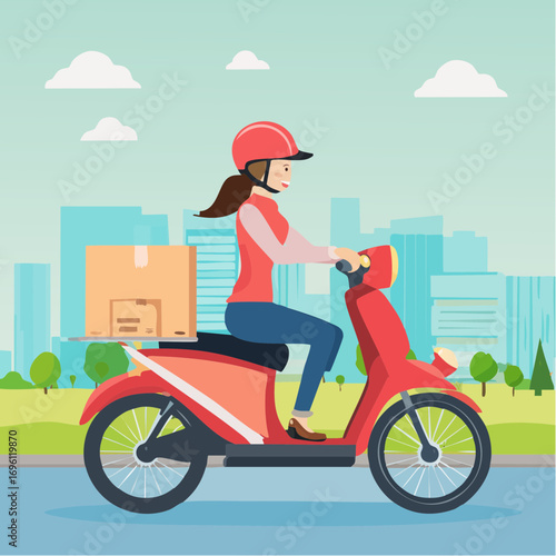 Courier delivery agent riding a motorbike with packages and couriers