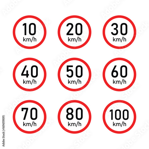 Set of vehicles speed limit per hours icon. minimum and maximum speed limit symbol icon. speed limit sign for road safety. 10-100 speed limits. road sign