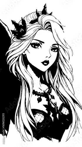 Isekai anime style, cinematic haze, classic black and white A cyberpunk goddess logo with platinum hair, silver and gold highlights, porcelain skin, high cheekbones, amber eyes, rose-gold lips
