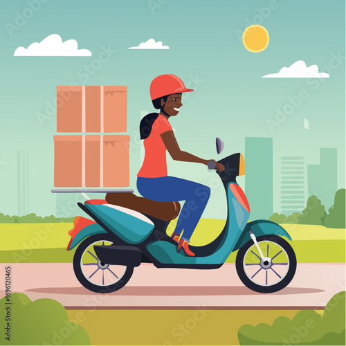Courier delivery agent riding a motorbike with packages and couriers