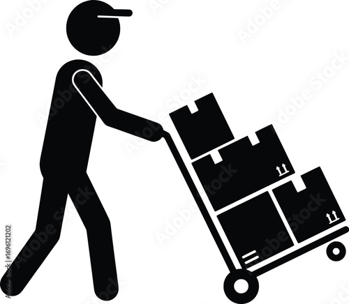 Delivery Action, Courier Transporting Packages, Warehouse Environment, Vector Illustration, High-Resolution Graphics, Dynamic Perspective with Cart and Boxes