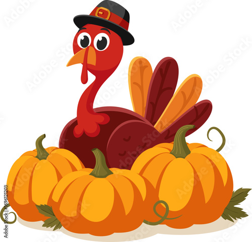 Turkey bird in hat sits behind pumpkins close-up on a white background. Thanksgiving day
