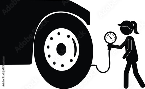 Checking Tire Pressure, Subject: Woman with Gauge, Location: Garage, Content Type: Vector Illustration, Environment: Indoor, Viewpoint: Side Angle, Concept: Vehicle Maintenance