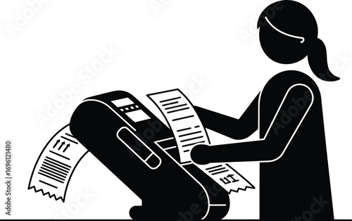 Processing Receipts, Subject: Cash Register, Location: Retail Environment, Content Type: Vector Illustration, Viewpoint: User Perspective, Concept Integration: Image Iteration