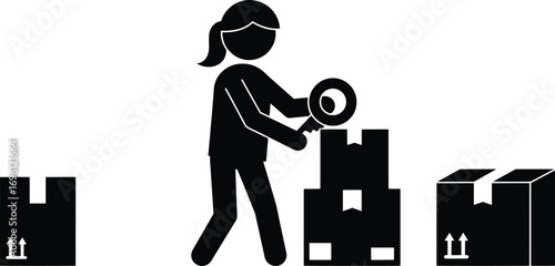 Packing Boxes, Subject: Warehouse Worker, Location: Industrial Setting, Content Type: Vector Illustration, Environment: Minimalistic, Viewpoint: Side Perspective, Concept: Vector Art