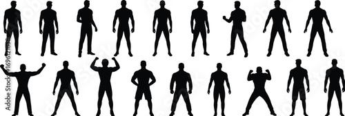 Collection of male silhouette figures in diverse standing and flexing poses, fitness and body shape concept, vector illustration design
