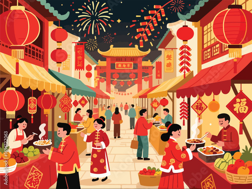 Bustling Chinese New Year Street Market with Lanterns and Street Food - Flat 2D Vector