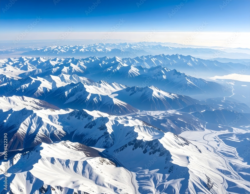 Fototapeta premium Majestic Snow-Covered Mountain Range Under Clear Blue Sky