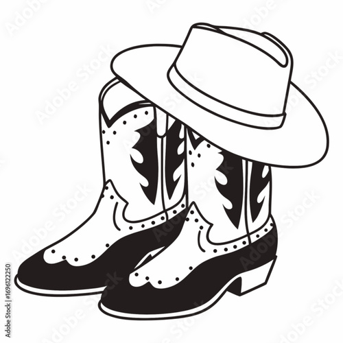 Minimilist a monochrome illustration of a cowboy hat resting on top of a pair of ornate cowboy boots in a simple style vector
