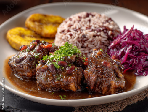 Delicious oxtail stew with rice and peas, fried plantains, and red cabbage