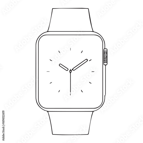 A minimalist black and white line art illustration of a digital smartwatch with a square face and a band.
