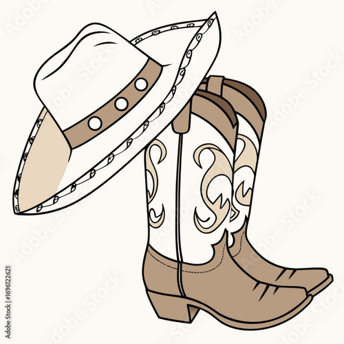Minimilist illustration of a cowboy hat with decorative trim resting on a pair of ornate cowboy boots design 100 vector