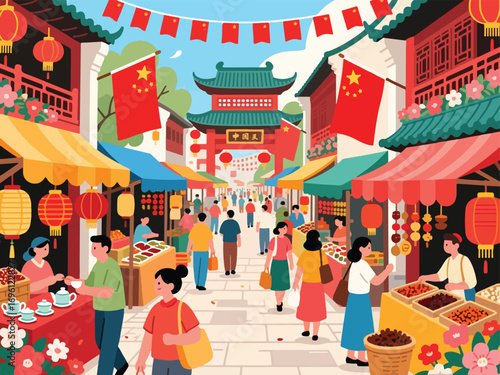 Bustling Chinese Market During China National Day Celebration - Flat 2D Vector