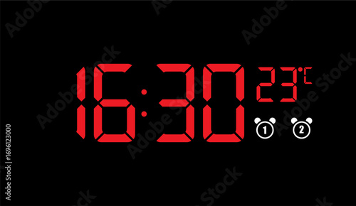 Red digital clock displaying 16:30 and 23 degrees Celsius, with alarm icons, on a black background.