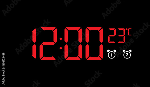 Red digital clock displaying 12:00 and 23 degrees Celsius with alarm icons on a black background.