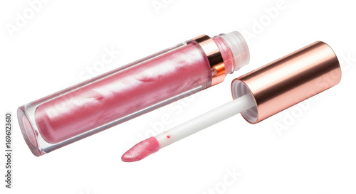 Close-up of pink shimmery lip gloss in a clear tube with rose gold accents and applicator wand