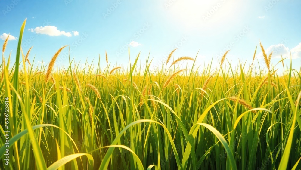Fototapeta premium Sunlit Green Grass Field with Blue Sky and Clouds