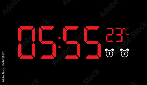 Red digital clock displaying the time 05:55 and a temperature of 23 degrees Celsius, with alarm icons.