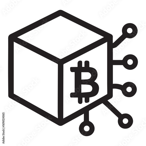 A stylized cube representing a blockchain block with a Bitcoin symbol and network connections. Digital finance and cryptocurrency concept.