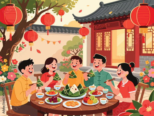 Group of Friends Enjoying a Festive Meal During the Dragon Boat Festival - Flat Illustration Vector