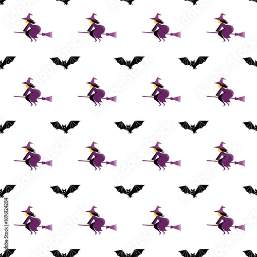 Seamless Halloween pattern with flying witches on broomsticks and bats, spooky festive design