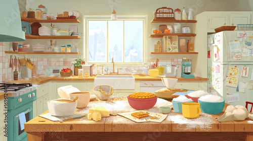 A cozy kitchen scene, baking in progress, evokes warmth and domesticity. Illustration style adds charm, suitable for recipe blogs, lifestyle articles, or home decor.