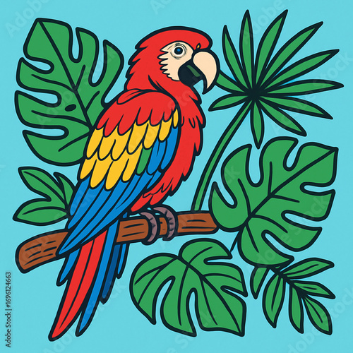 Colorful cartoon illustration of a red macaw parrot perched on a branch surrounded by tropical jungle leaves. Vibrant exotic bird art