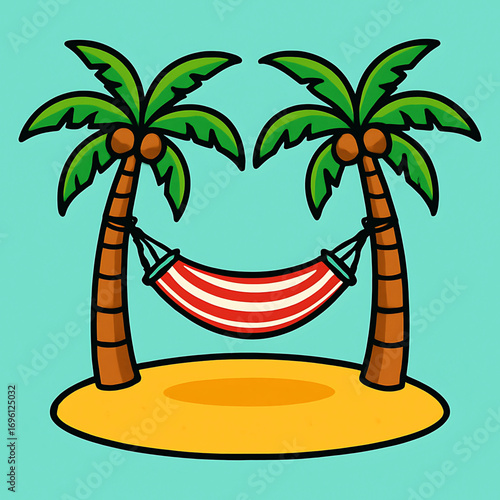 Vector illustration of a relaxing summer vacation scene with a red and white striped hammock between two tropical palm trees on a sandy island