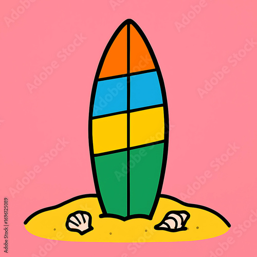 Colorful striped surfboard illustration on a sandy beach, a vibrant symbol of summer vacation, tropical travel, and water sports