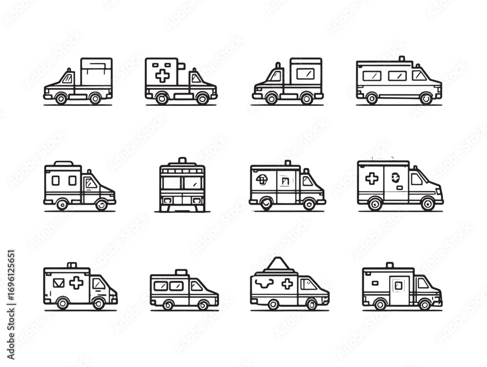 Naklejka premium Ambulance line art icon set