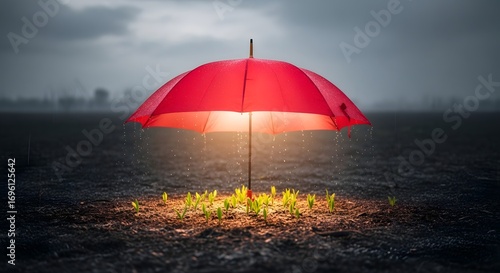 A red umbrella in the rain with a light source underneath it