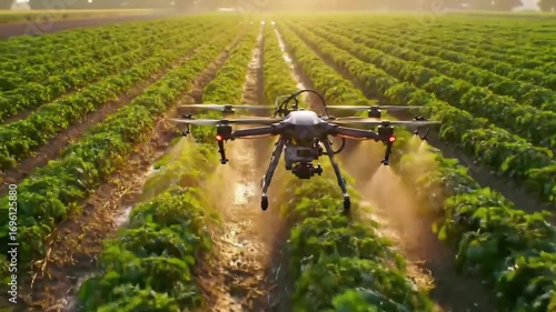 Advanced agricultural drone technology precisely sprays vital crops in a vibrant green field during a beautiful sunrise, optimizing farming efficiency and promoting sustainability for future harvests