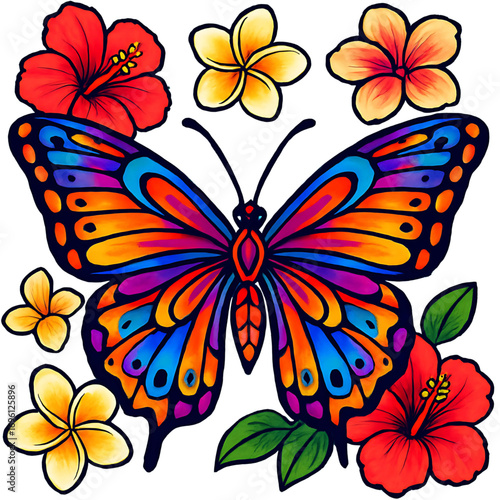 Artistic illustration of a vibrant stained-glass butterfly gracefully surrounded by exotic red hibiscus and yellow frangipani blooms