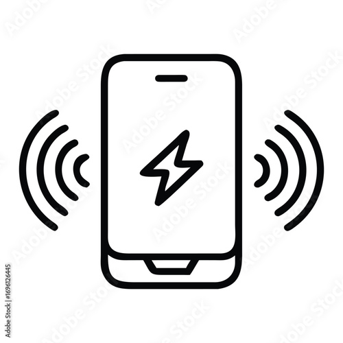A minimalist line art icon depicting a smartphone with a lightning bolt symbol and radiating wireless signal waves, indicating charging.