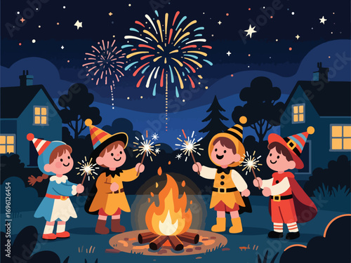 Children Enjoying Guy Fawkes Night with Sparklers and Bonfire - Flat Illustration Vector