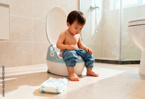 Asian toddler, potty training and diaper transition in bathroom for child development, hygiene learning and early independence at home with parenting support and growth milestone